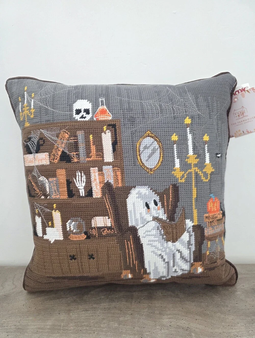 The Farmhouse Halloween Ghost Reading Book Beaded Decorative Pillow New